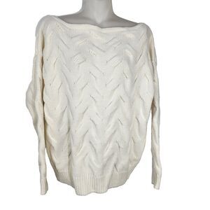Womens Sweater Small Cable Knit Boat Neck Long Sleeve Ribbed Trim Rayon Ivory
